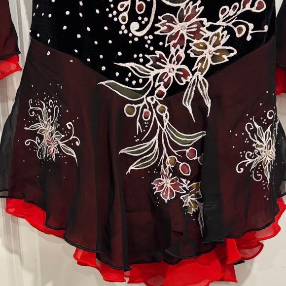 Elegant Black and Red Embroidered Figure Skating Dress - Picture 4 of 9